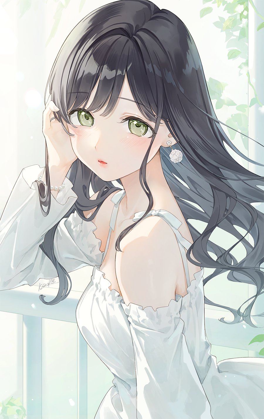 1girl adjusting_hair bare_shoulders black_hair blush bracelet copyright_request day dress earrings green_eyes highres jewelry kinako_(shiratama_mochi) long_hair looking_at_viewer novel_illustration off-shoulder_dress off_shoulder official_art outdoors parted_lips railing ring solo sunlight upper_body white_dress