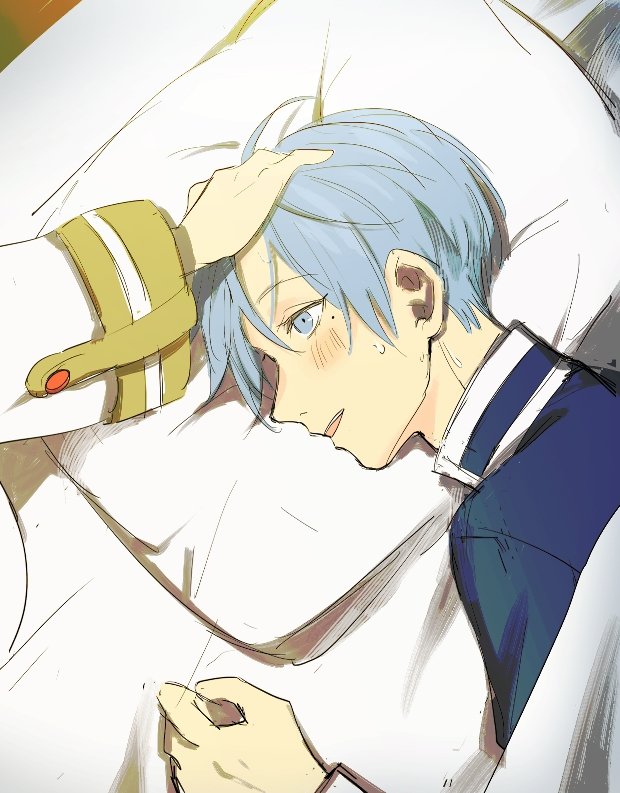 1boy 1girl blue_eyes blue_hair blue_jacket blush chamwa commentary english_commentary frieren hand_on_another's_head himmel_(sousou_no_frieren) jacket mole mole_under_eye on_bed parted_lips pillow short_hair smile sousou_no_frieren sweatdrop under_covers
