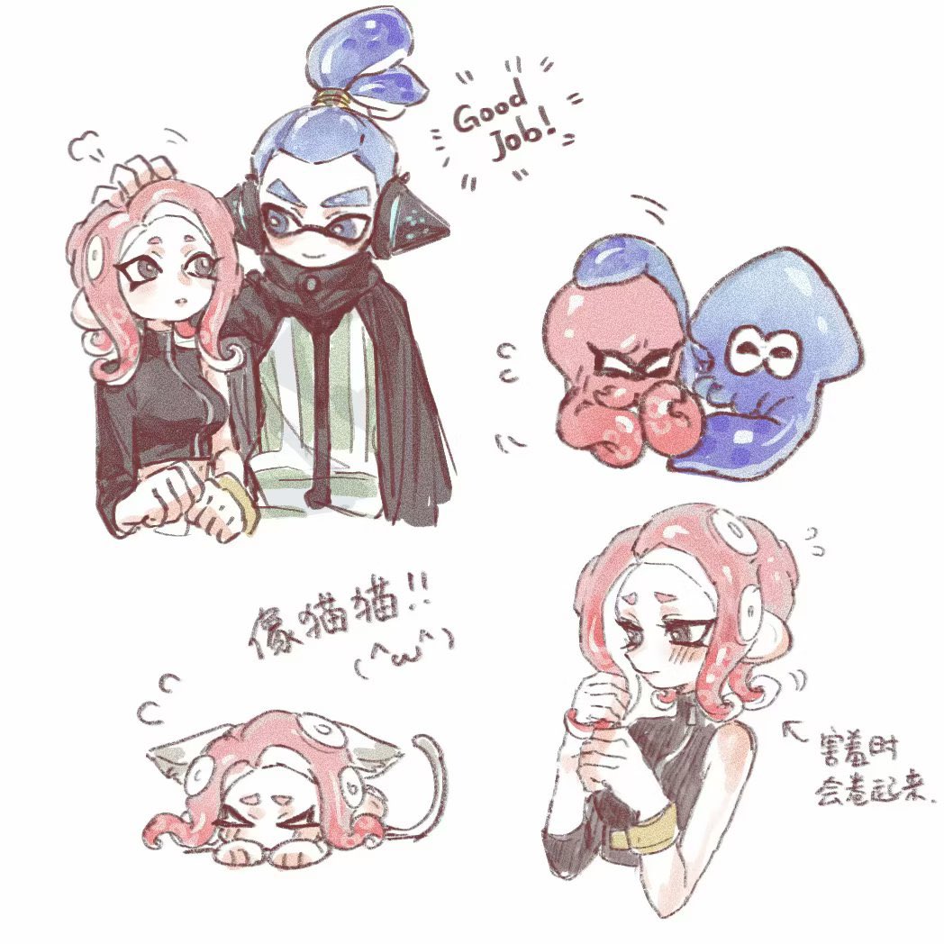 1boy 1girl agent_3_(splatoon) agent_8_(splatoon) animal_ears arrow_(symbol) black_cape black_eyes blue_eyes blue_hair breasts cape cat_ears cat_tail chinese_commentary chinese_text closed_mouth film_grain headgear high-visibility_vest inkling inkling_boy inkling_player_character looking_at_another medium_breasts medium_hair motion_lines octoling octoling_girl octoling_player_character octopus parted_lips ponytail redhead simple_background single_bare_shoulder single_sleeve smile splatoon_(series) splatoon_2 splatoon_2:_octo_expansion squid suction_cups tail tentacle_hair thenintlichen96 translation_request white_background