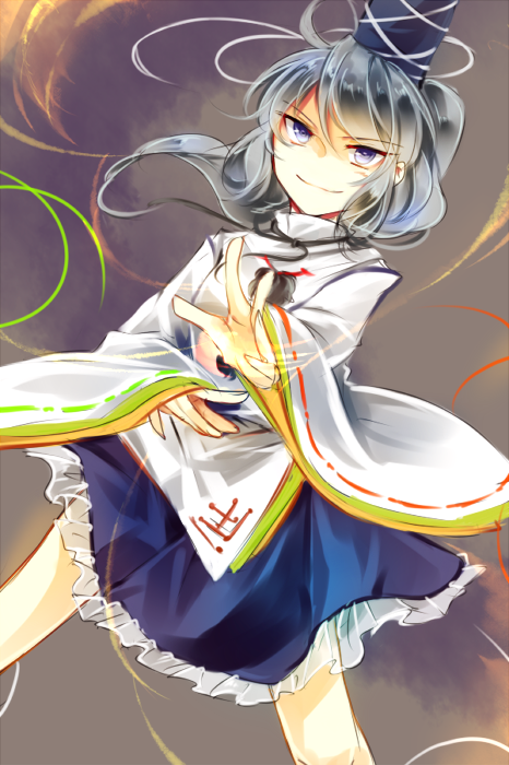 1girl blue_skirt closed_mouth commentary_request frilled_skirt frills grey_background grey_eyes grey_hair japanese_clothes kariginu kutsuki_kai long_sleeves medium_hair mononobe_no_futo one-hour_drawing_challenge ribbon-trimmed_sleeves ribbon_trim skirt smile solo touhou wide_sleeves