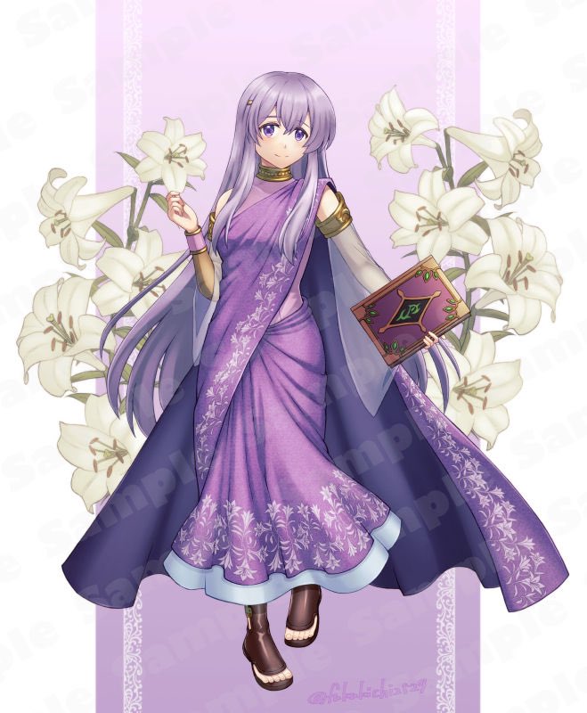 1girl book cape circlet dress fire_emblem fire_emblem:_genealogy_of_the_holy_war floral_background fukukichi2529 full_body holding holding_book julia_(fire_emblem) long_hair purple_cape purple_hair sample_watermark sandals smile solo violet_eyes watermark