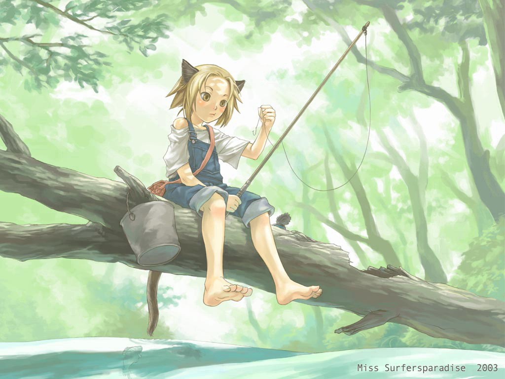 barefoot blonde_hair cat_ears cat_tail catgirl duplicate feet fish fishing forest in_tree miss_surfers_paradise miss_surfersparadise nature original outdoors overalls short_hair sitting sitting_in_tree soles surfers_paradise surfersparadise tail toes totoya tree wallpaper yellow_eyes