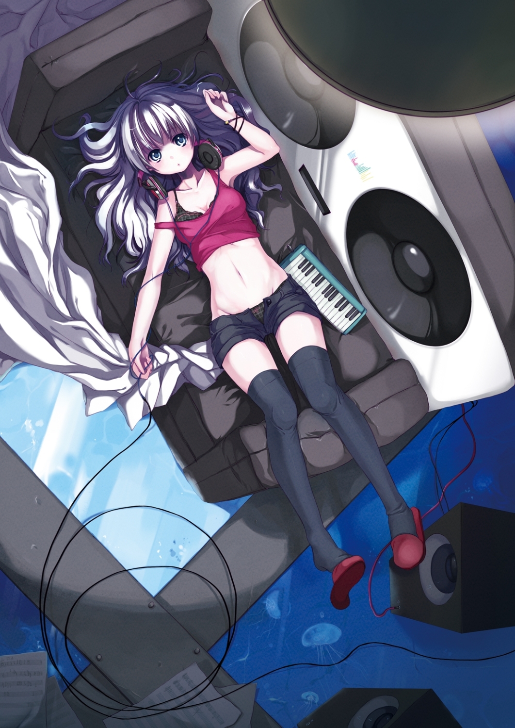 breasts couch crop_top headphones highres instrument itou_nanami jellyfish keyboard_(instrument) legs lingerie long_hair lying melodica midriff mound_of_venus navel original panties plaid sheet_music short_shorts shorts slippers solo speaker strap_slip tank_top thigh-highs thighhighs unbuttoned underwear white_eyes white_hair zettai_ryouiki