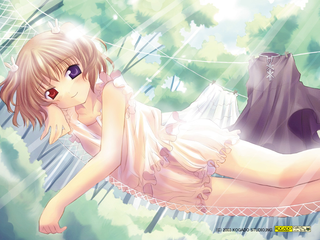 angel_rabbie angelic_serenade brown_hair clothesline hair_ornament hammock heterochromia lasty_farson lying naruse_chisato outdoors solo sunlight