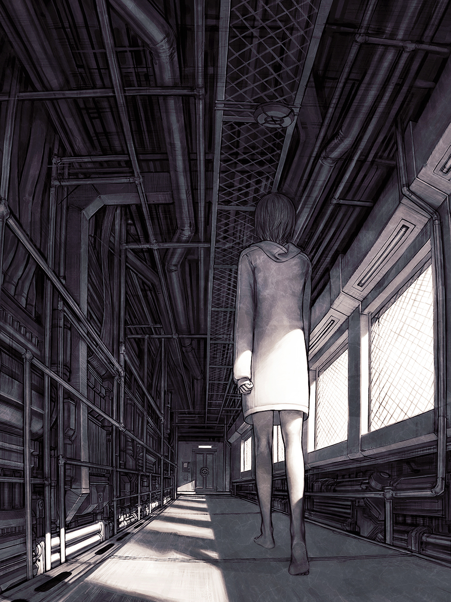 from_behind from_below hallway highres hood iwai_ryo iwai_ryou machine monochrome sunlight walking