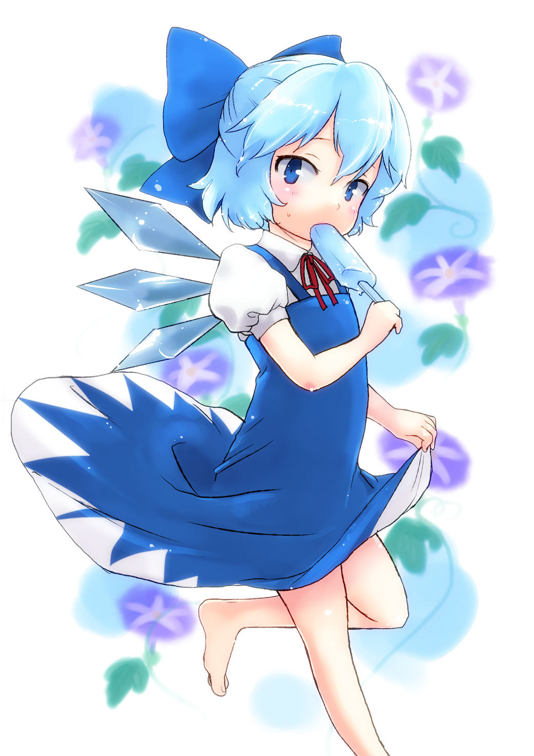 barefoot blue_eyes blue_hair bow buri cirno hair_bow highres popsicle short_hair solo touhou wings
