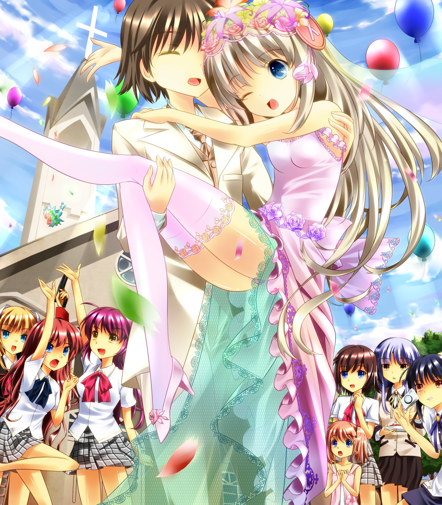 angel_beats! arizuki_shiina arizuki_ui balloon blonde_hair blue_eyes bride brown_hair carrying church closed_eyes company_connection crossover dress formal futaki_kanata gun highheels himuro_yuuki key_(company) kud_wafter little_busters!! naoe_riki noumi_kudryavka onaka_sukisuki panties pantyshot pink_dress pink_panties princess_carry school_uniform short_hair suit tachibana_kanade thigh-highs thighhighs tokido_saya underwear weapon wedding wedding_dress wink