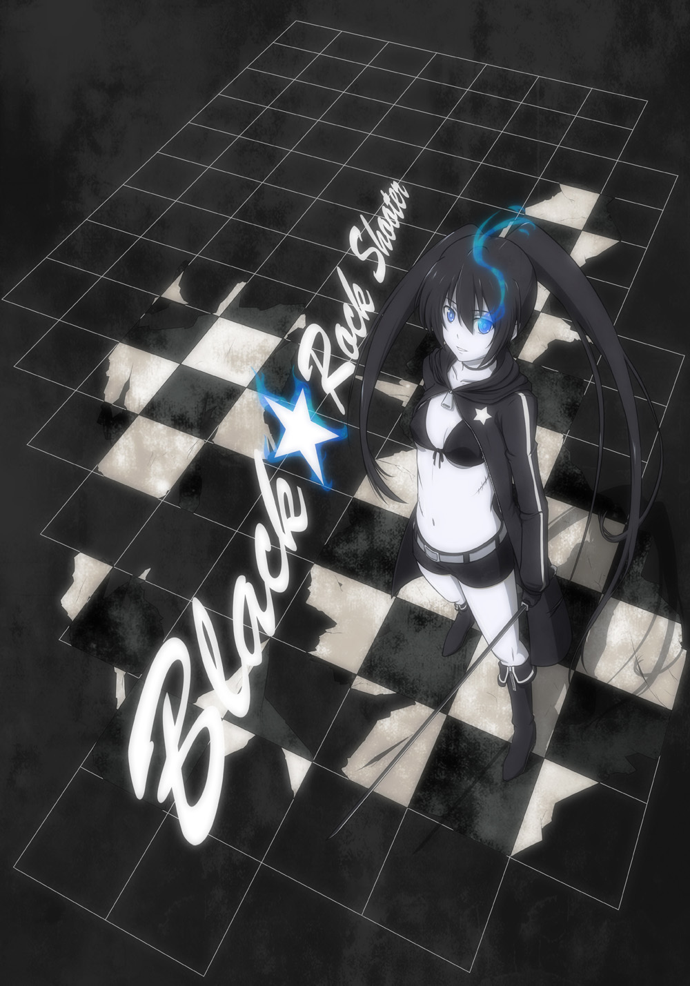 artist_request bikini_top black_hair black_rock_shooter black_rock_shooter_(character) blue_eyes checkered checkered_floor collarbone from_above glowing glowing_eyes highres jacket kai_(link2262) long_hair midriff navel scar short_shorts shorts star stitches sword twintails very_long_hair weapon zipper