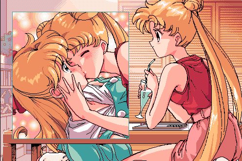 aino_minako artist_request bishoujo_senshi_sailor_moon blonde_hair closed_eyes glass hand_on_another's_cheek hand_on_another's_face kiss lowres mermaid_(artist) multiple_girls sleeveless source_request surprised touching tsukino_usagi twintails yuri