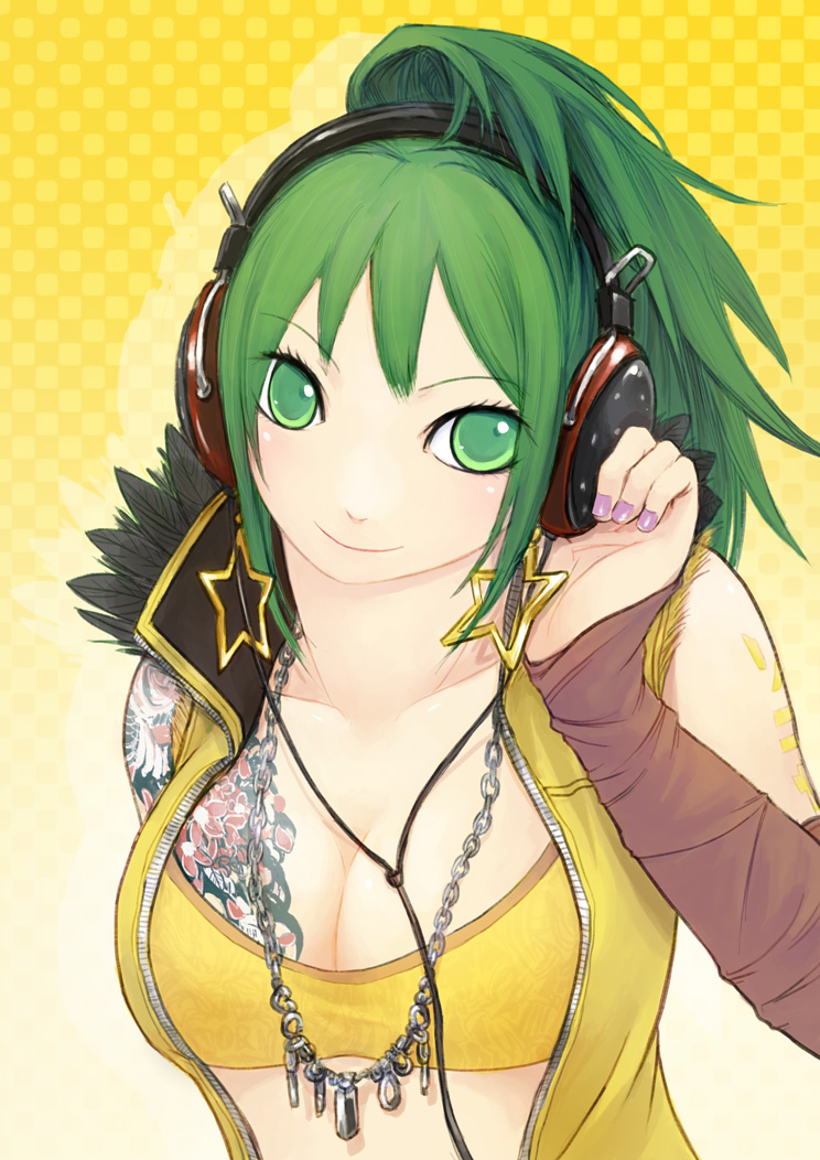 cpux4 earrings engloid green_eyes green_hair headphones jewelry long_coat looking_up nail_polish necklace ponytail sleeveless smile sonika star tattoo vocaloid zipper