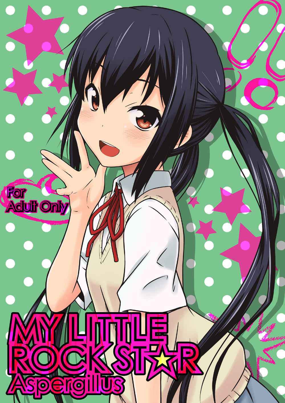 bangs black_hair blush brown_eyes bust cover cover_page doujinshi flat_chest highres k-on! long_hair looking_at_viewer looking_back nakano_azusa okara open_mouth pleated_skirt polka_dot polka_dot_background profile ribbon school_uniform skirt smile star sweater_vest twintails very_long_hair vest