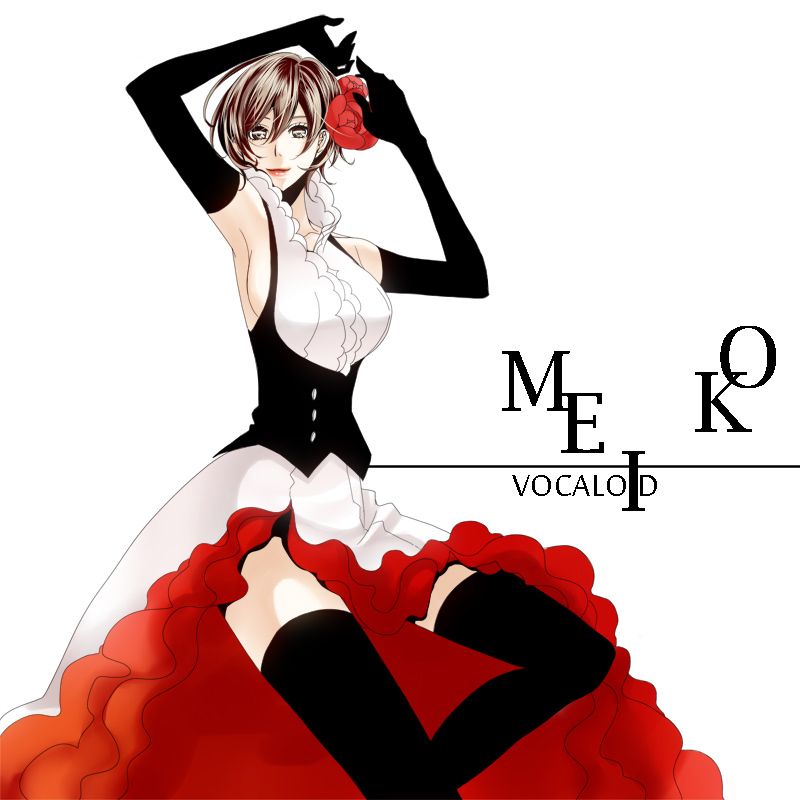 black_gloves breasts brown_eyes brown_hair dancing dress flower frills gathers gloves haruma_(high_drop) lips meiko red red_rose rose short_hair sideboob simple_background solo thigh-highs thighhighs vocaloid