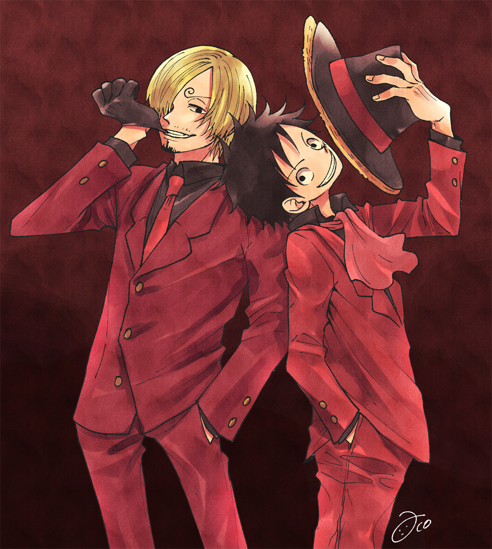 2boys aco_peda black_gloves black_hair black_shirt blonde_hair commentary_request curly_eyebrows facial_hair gloves goatee hair_over_one_eye hand_in_pocket hat holding holding_clothes holding_hat looking_at_viewer male_focus monkey_d._luffy multiple_boys mustache necktie one_piece red_necktie red_suit sanji_(one_piece) scar scar_on_face shirt signature simple_background smile suit