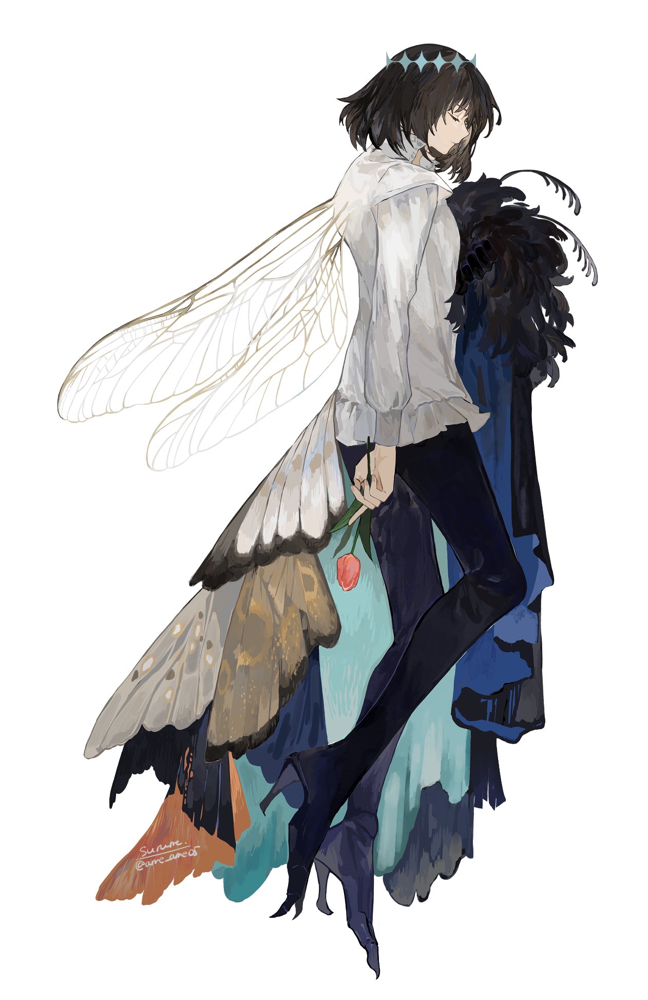 1boy arthropod_boy bishounen black_hair butterfly_wings cape cloak closed_eyes commentary diamond_hairband dragonfly_wings fate/grand_order fate_(series) flower from_side full_body fur-trimmed_cape fur-trimmed_cloak fur_trim highres holding holding_flower insect_wings long_shirt male_focus oberon_(fate) oberon_(third_ascension)_(fate) pink_flower pink_tulip profile short_hair signature solo surume_(su1193) symbol-only_commentary tulip twitter_username white_background wing_cape wings