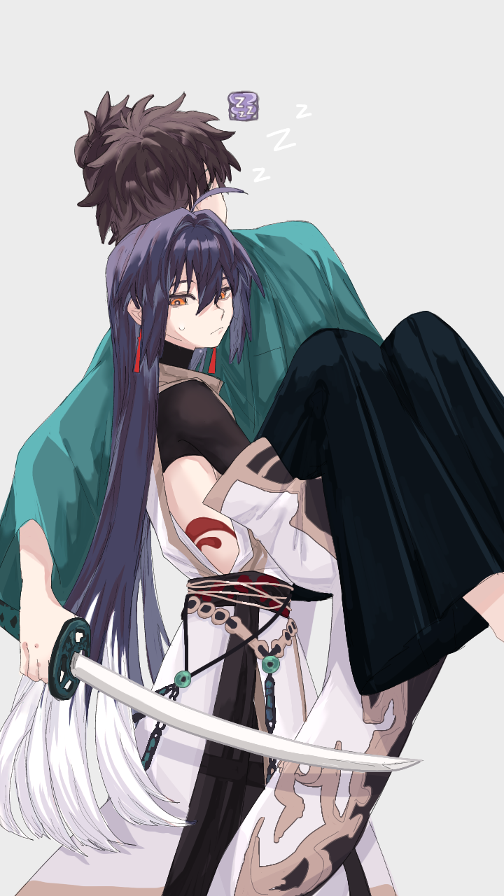 1boy 1other androgynous black_hair brown_hair carrying english_commentary fate/grand_order fate/samurai_remnant fate_(series) grey_background hair_intakes highres holding holding_sword holding_weapon japanese_clothes katana kneko630 long_hair looking_at_viewer messy_hair miyamoto_iori_(fate) multicolored_hair princess_carry short_ponytail sleeping sweatdrop sword two-tone_hair weapon white_hair yamato_takeru_(fate) yamato_takeru_(third_ascension)_(fate) yellow_eyes zzz