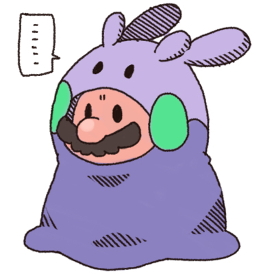 ... 1boy big_nose black_eyes cosplay facial_hair ghost-pepper goomy goomy_(cosplay) lowres male_focus mario mustache pokemon simple_background solid_oval_eyes solo speech_bubble super_mario_bros. white_background
