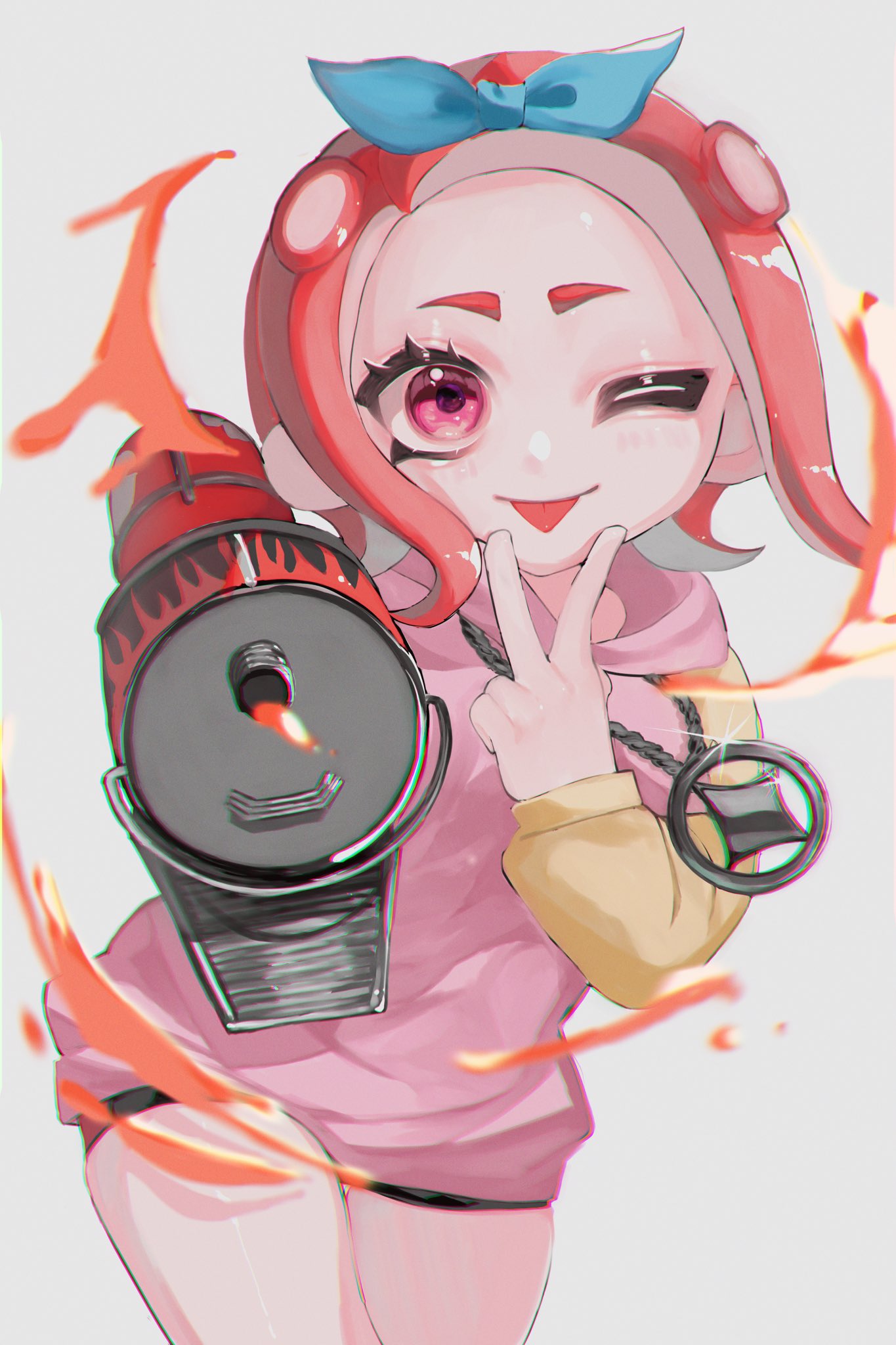 1girl :p black_shorts blaster_(splatoon) commentary_request eyelashes grey_background gun highres holding holding_gun holding_weapon hood hoodie looking_at_viewer medium_hair octoling octoling_girl octoling_player_character one_eye_closed paint pink_eyes pink_hoodie redhead shorts simple_background solo splatoon_(series) splatoon_3 tentacle_hair tongue tongue_out vmux3442 weapon
