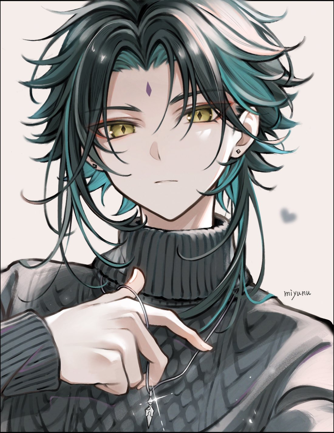 1boy aqua_hair black_hair black_sweater closed_mouth diamond-shaped_pupils diamond_(shape) earrings eyeshadow facial_mark forehead_mark genshin_impact hand_up highres holding holding_jewelry holding_necklace jewelry looking_at_viewer makeup medium_hair miyumiyu_nu multicolored_hair necklace parted_hair portrait red_eyeshadow simple_background solo stud_earrings sweater symbol-shaped_pupils turtleneck turtleneck_sweater upper_body white_background xiao_(genshin_impact) yellow_eyes