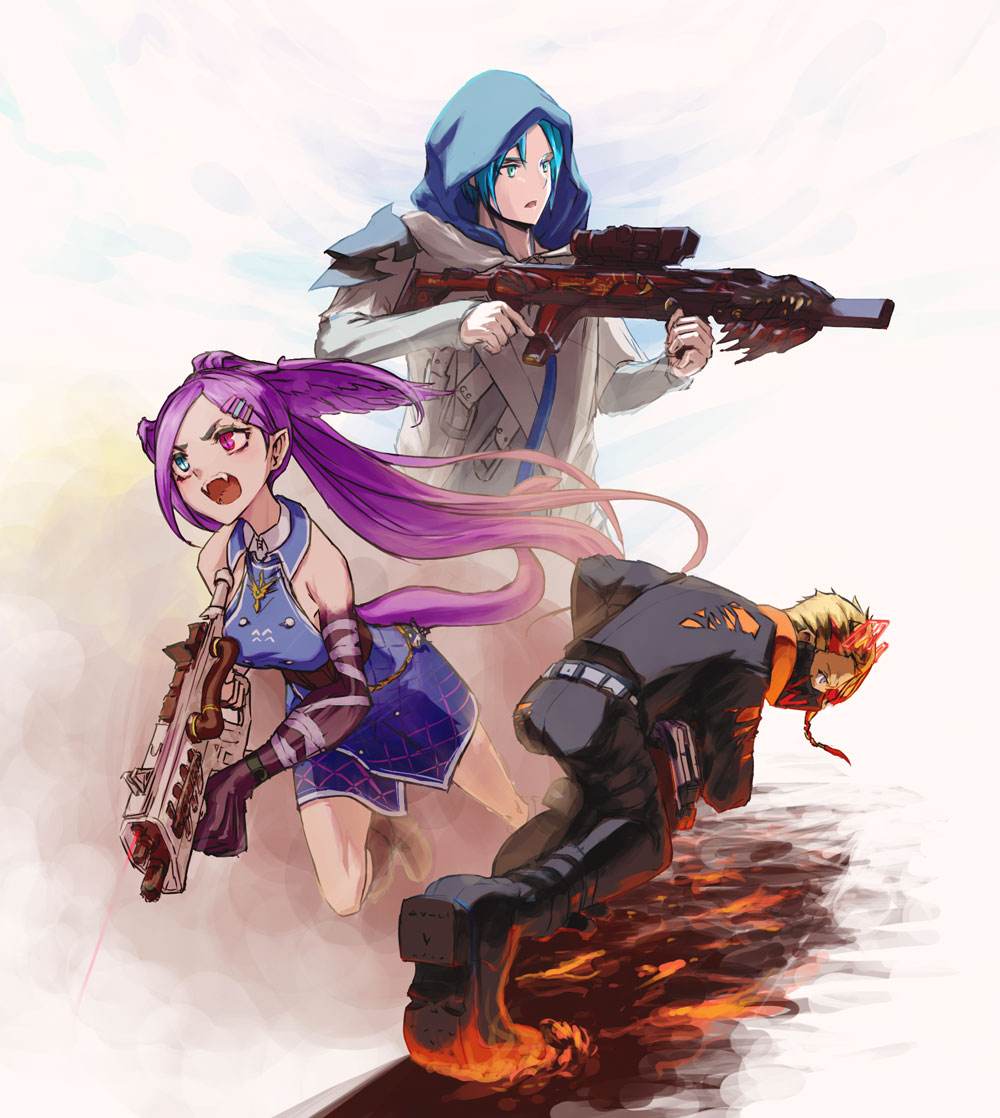 1girl 2boys aiming apex_legends axel_syrios bandaged_arm bandages blonde_hair blue_dress blue_eyes blue_hair braid breasts buttons commentary_request double-breasted dragon_girl dragon_tail dress english_commentary fangs green_eyes hair_ornament hairclip head_wings heterochromia holding holding_weapon holostars holostars_english hood hood_up jacket laorenxing large_breasts laser laser_pointer_projection long_sleeves masked mixed-language_commentary multicolored_hair multiple_boys nijisanji nijisanji_en open_mouth parted_bangs purple_hair redhead regis_altare running selen_tatsuki short_dress short_hair sleeveless sleeveless_dress squatting standing streaked_hair tail violet_eyes virtual_youtuber weapon weapon_request wings