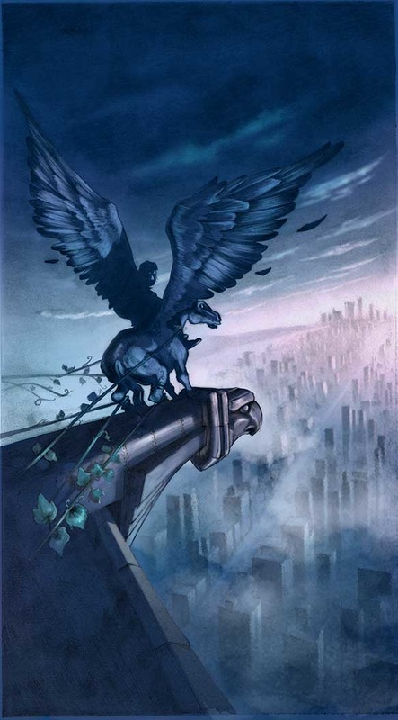 1boy black_feathers city cover cover_page feathered_wings feathers fog john_rocco looking_back male_focus night night_sky official_art pegasus percy_jackson percy_jackson_and_the_olympians plant riding riding_animal sky vines wings