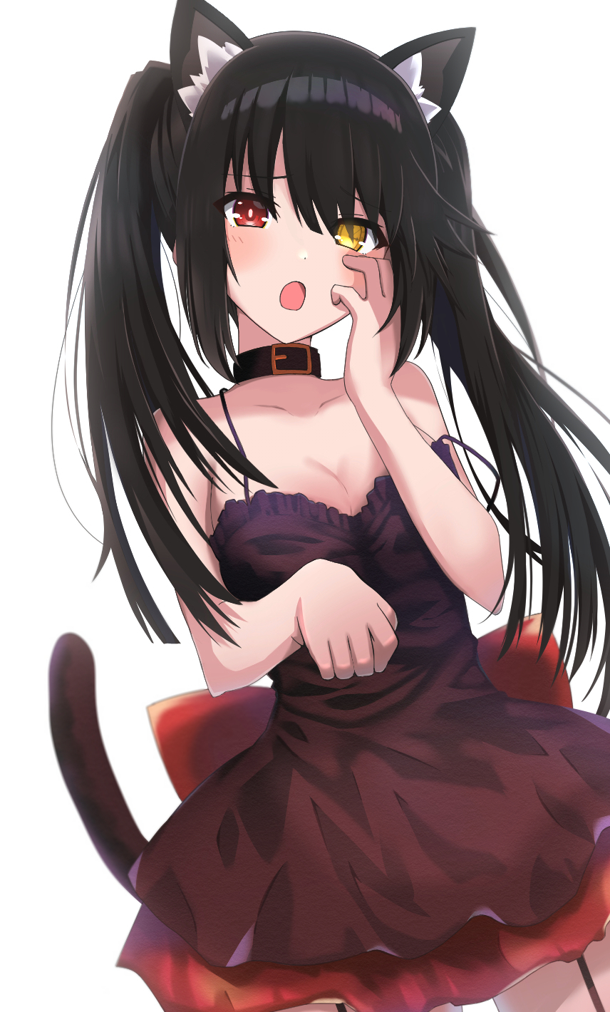 1girl animal_ears black_dress black_hair breasts cat_ears cat_tail date_a_live dress garter_straps heterochromia highres lime_ill_10 medium_breasts open_mouth red_eyes solo tail tokisaki_kurumi twintails two-tone_dress white_background