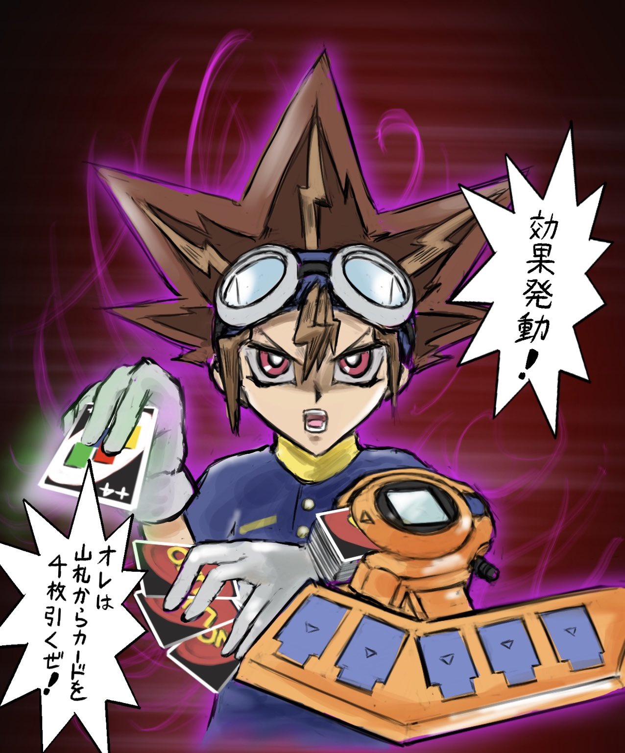1boy aura blue_shirt brown_hair card commentary_request crossover digimon digimon_adventure digivice duel_disk fusion gloves goggles goggles_on_head highres holding holding_card mas_square ringed_eyes shirt spiky_hair translation_request uno_(game) upper_body violet_eyes white_gloves yagami_taichi yami_yuugi yu-gi-oh! yu-gi-oh!_duel_monsters