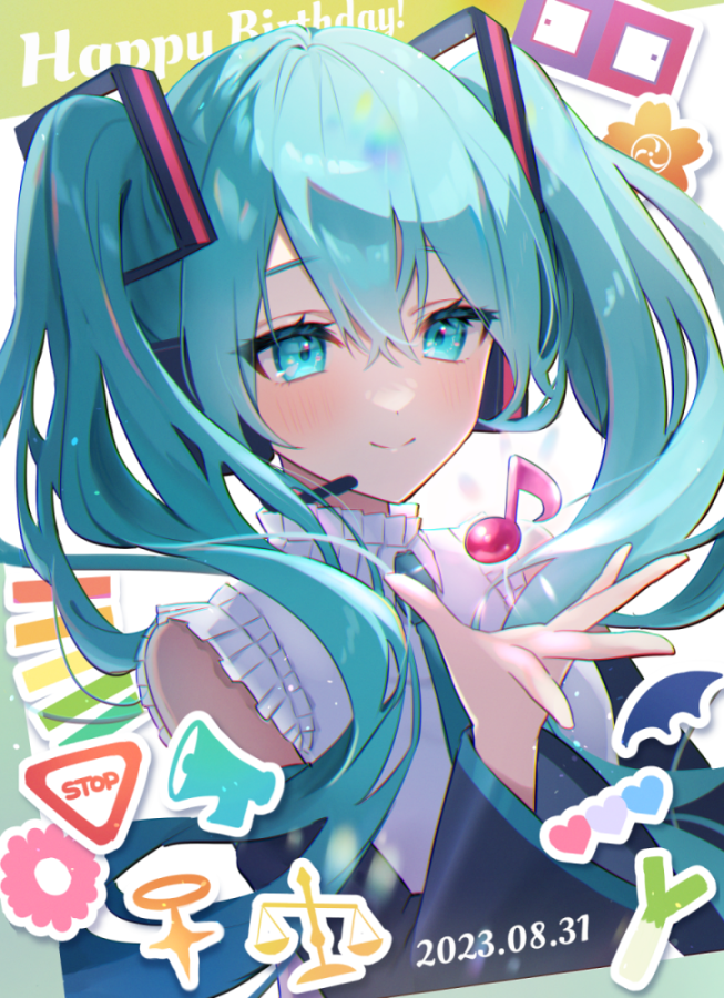 1girl aqua_eyes aqua_hair black_sleeves blush closed_mouth collar commentary_request dated detached_sleeves frilled_collar frilled_sleeves frills hair_between_eyes hair_ornament hand_up happy_birthday hatsune_miku headphones headset long_hair long_sleeves microphone musical_note open_hand shirt sleeveless sleeveless_shirt smile soda_dokka_ikou solo twintails upper_body vocaloid white_shirt wide_sleeves