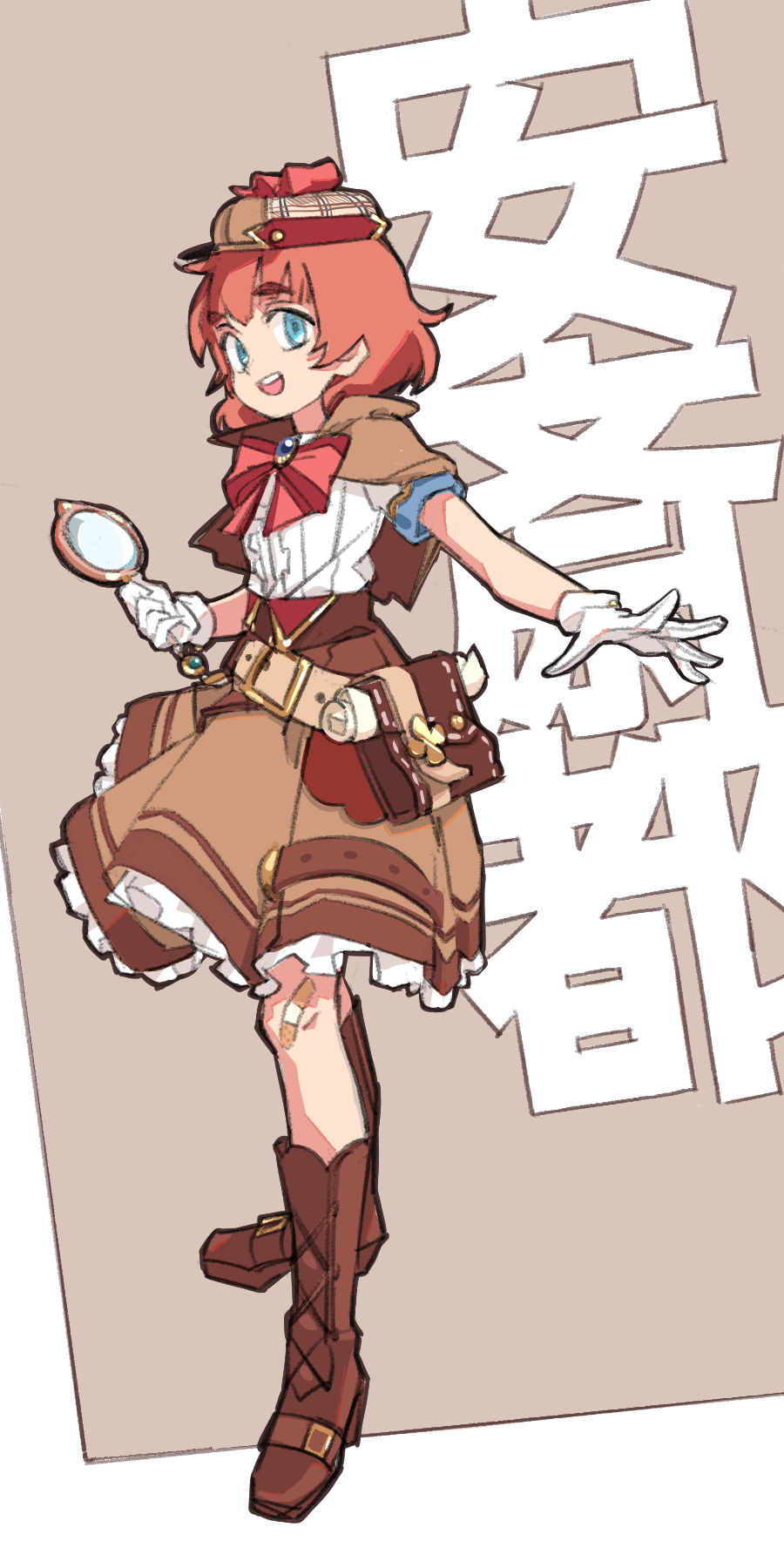 1girl anzai_miyako bandaid bandaid_on_knee bandaid_on_leg belt belt_pouch blue_eyes boots bow bowtie brown_background brown_belt brown_capelet brown_skirt capelet center_frills character_name cross-laced_footwear deerstalker frills full_body gloves hat highres holding holding_magnifying_glass idolmaster idolmaster_cinderella_girls imay3927 knee_boots looking_at_viewer magnifying_glass pouch red_bow red_bowtie redhead scroll shirt shirt_tucked_in short_hair short_sleeves simple_background skirt smile solo standing white_gloves white_shirt