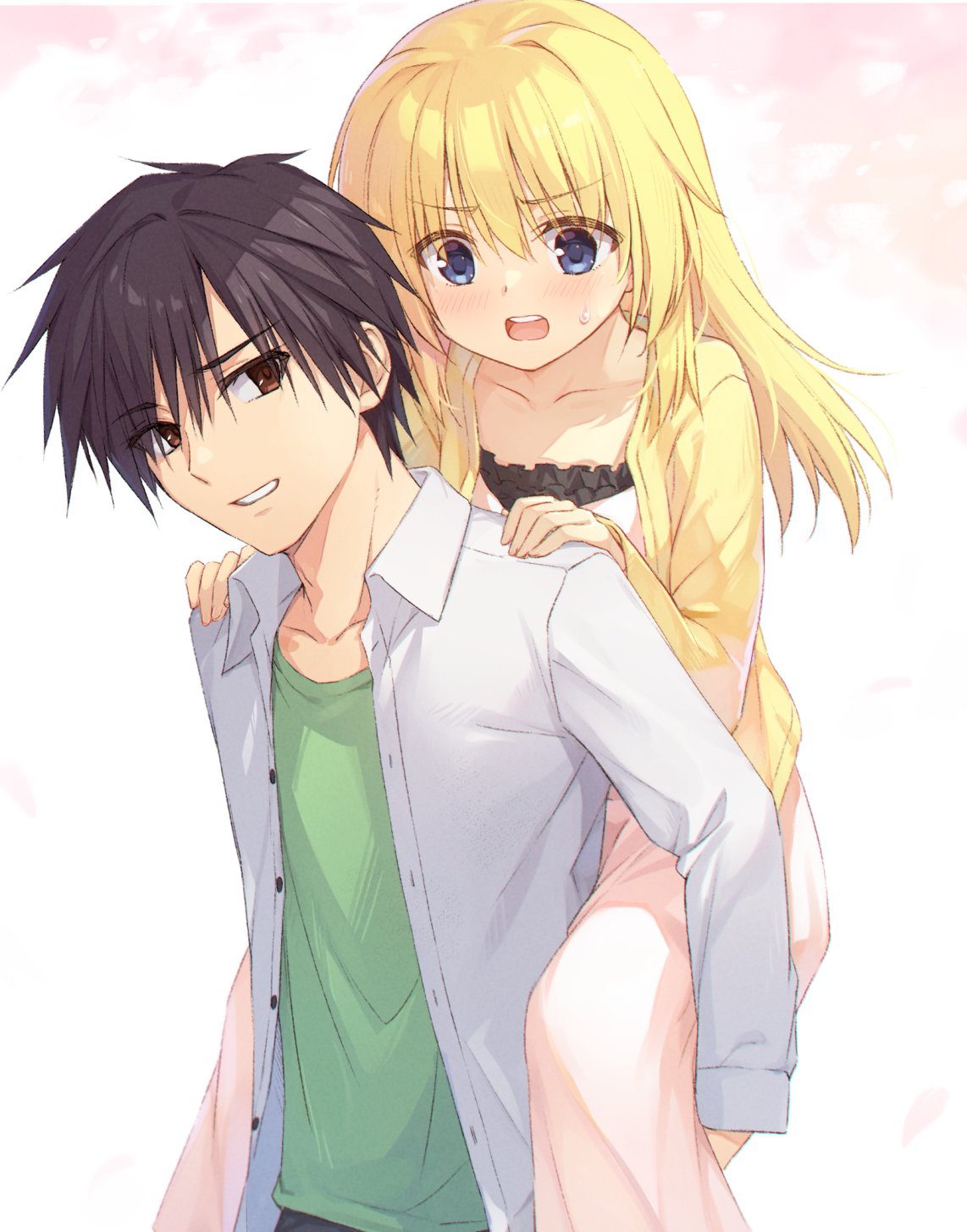 1boy 1girl black_hair blonde_hair blue_eyes blush brother_and_sister carrying casual chitose_haruki chitose_sana cofetaru collarbone collared_shirt commentary dress dress_shirt eyes_visible_through_hair feet_out_of_frame green_shirt grin hair_between_eyes hair_down hair_intakes hands_on_another's_shoulders highres jacket long_hair long_sleeves looking_at_another open_clothes open_jacket open_mouth piggyback pink_dress shirt short_hair siblings sidelocks simple_background smile spiky_hair surprised sweatdrop teeth tenshinranman upper_body upper_teeth_only v-shaped_eyebrows white_background white_shirt yellow_jacket