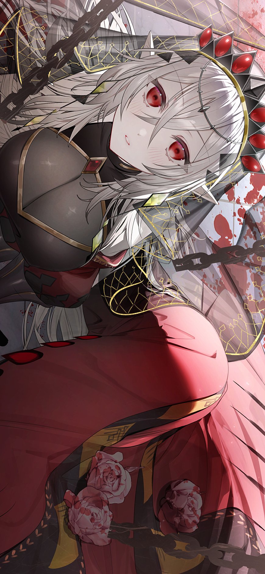 1girl blazing_cartesia_the_virtuous breasts chain cleavage_cutout clothing_cutout crossed_bangs detached_sleeves dress duel_monster ecclesia_(yu-gi-oh!) feet_out_of_frame grey_hair highres large_breasts long_hair long_sleeves looking_at_viewer on_ground pointy_ears red_dress red_eyes skirt solo syandega veil white_skirt yu-gi-oh!