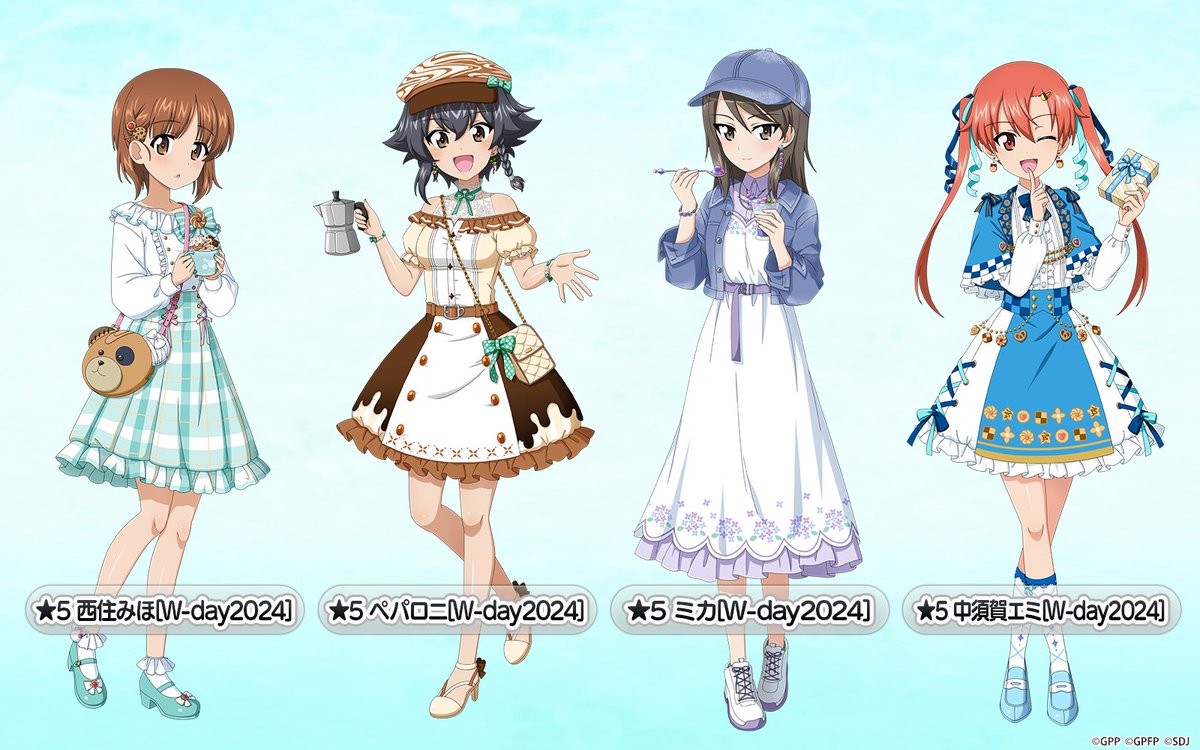 4girls aqua_background aqua_footwear aqua_skirt bag baseball_cap black_hair blue_bow blue_bowtie blue_cape blue_footwear blue_headwear blue_jacket blue_ribbon blue_skirt bobby_socks boko_(girls_und_panzer) boots bow bowtie box bracelet braid brown_dress brown_eyes brown_hair cape carrying casual character_name closed_mouth collared_dress commentary_request cross-laced_footwear crossed_knees cup denim denim_headwear denim_jacket dress dress_shirt earrings finger_to_mouth frilled_dress frilled_shirt frilled_skirt frilled_sleeves frills gift gift_box girls_und_panzer girls_und_panzer_little_army girls_und_panzer_senshadou_daisakusen! hair_ornament hair_ribbon hairclip handbag hat high-waist_skirt high_heel_boots high_heels holding holding_cup holding_gift holding_spoon holding_teapot index_finger_raised jacket jewelry kneehighs long_dress long_hair long_sleeves looking_at_viewer medium_dress medium_skirt mika_(girls_und_panzer) multiple_girls nakasuga_emi nishizumi_miho official_alternate_costume official_art one_eye_closed open_mouth pepperoni_(girls_und_panzer) plaid plaid_skirt red_eyes redhead ribbon shirt shoes short_hair short_sleeves side_braids skirt smile sneakers socks spoon standing standing_on_one_leg star_(symbol) teapot translated twintails watermark white_day white_dress white_footwear white_shirt white_socks