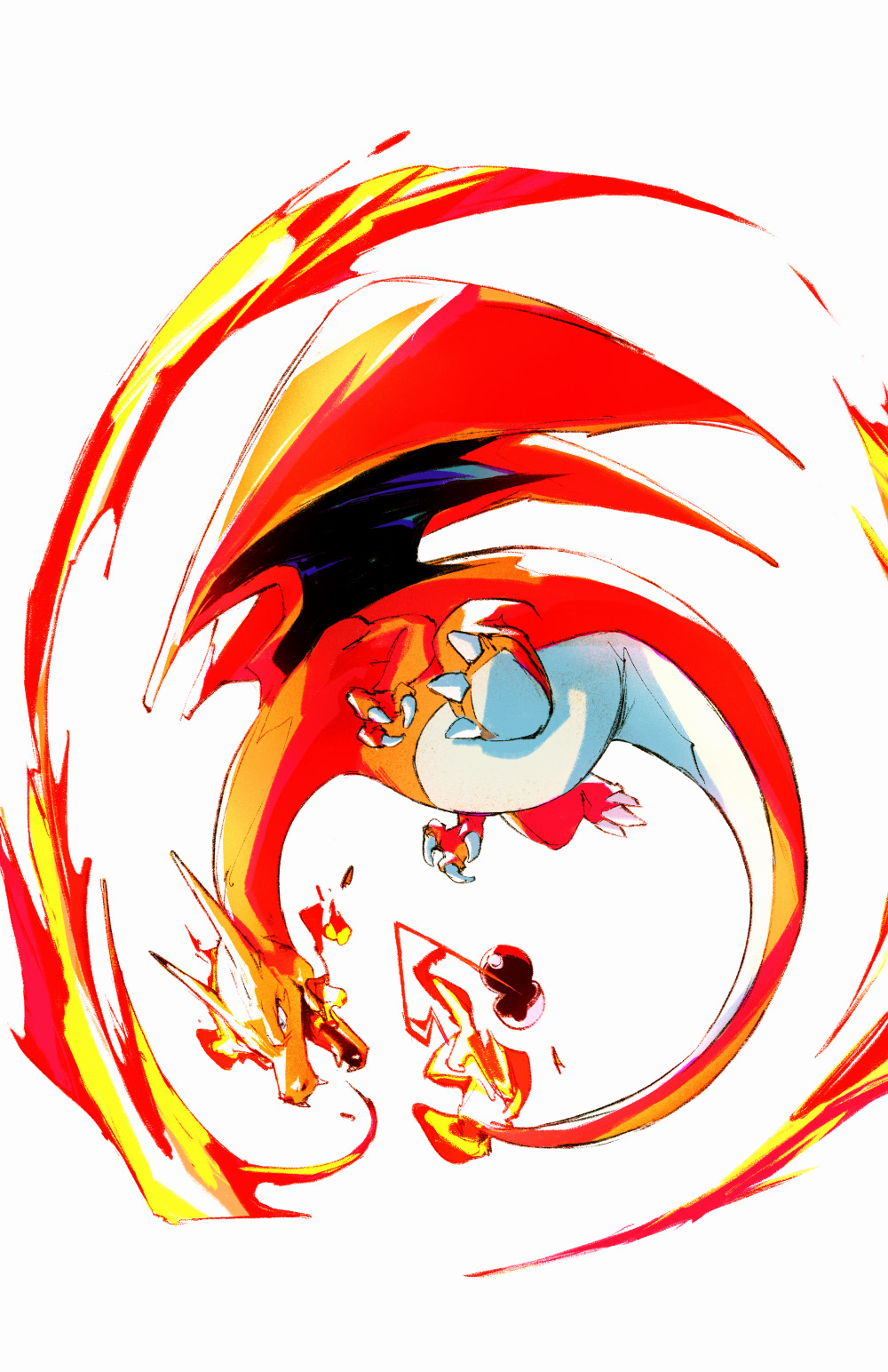 breath_weapon breathing_fire charizard chun_lo claws colored_skin dragon dragon_wings fiery_tail fire flying full_body highres horns no_humans open_mouth orange_skin poke_ball pokemon pokemon_(creature) sharp_teeth solo tail teeth white_background wings
