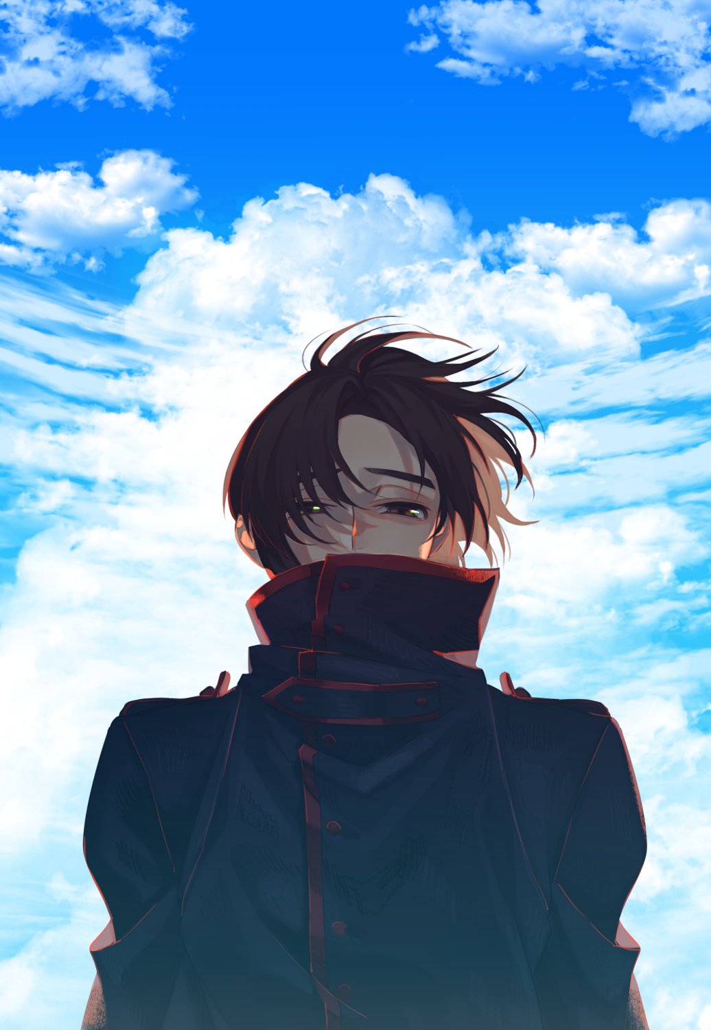 1boy backlighting black_hair black_jacket blue_sky brown_eyes buttons clouds covered_mouth day half-closed_eyes high_collar highres jacket long_sleeves looking_at_viewer makabe_kazuki male_focus noroinoenojin parted_bangs short_hair sky solo soukyuu_no_fafner straight-on uniform upper_body wind
