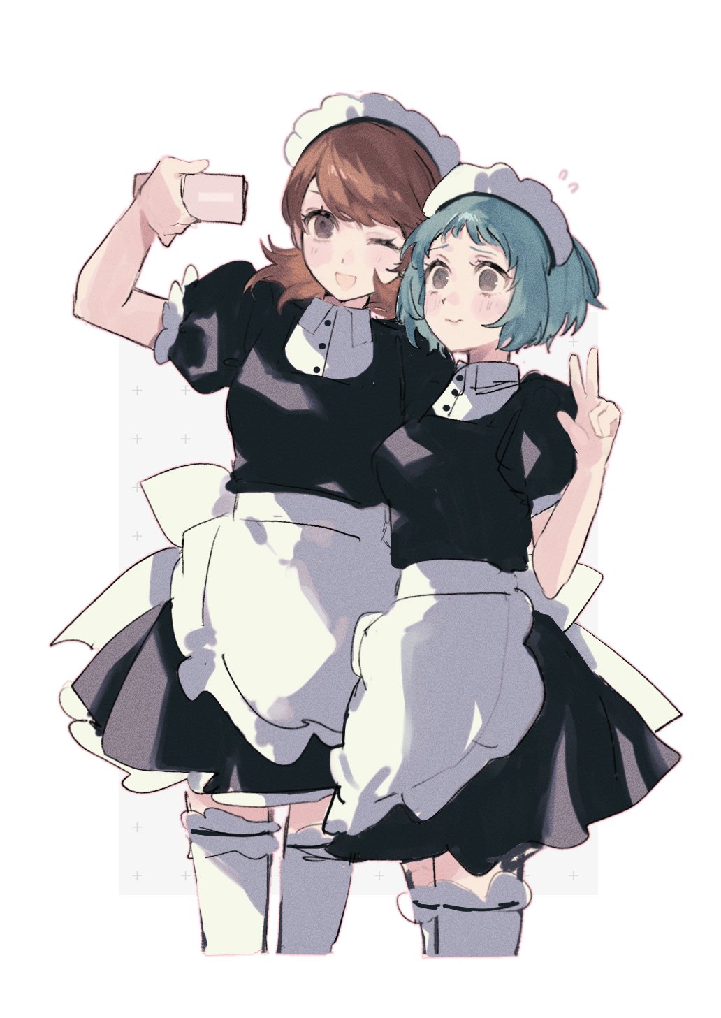 2girls apron aqua_hair black_dress blush brown_eyes brown_hair closed_mouth collared_shirt cowboy_shot cropped_legs dress flying_sweatdrops hand_up highres holding holding_phone m0rtalcoil0 maid maid_apron maid_headdress multiple_girls official_alternate_costume one_eye_closed open_mouth persona persona_3 persona_3_reload phone puffy_sleeves selfie shirt short_hair short_sleeves smile swept_bangs takeba_yukari thigh-highs v white_apron white_shirt white_thighhighs yamagishi_fuuka zettai_ryouiki