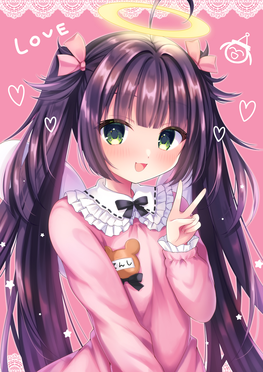 1girl :d ahoge black_hair blush collared_dress commentary_request copyright_request dress feathered_wings frilled_shirt_collar frilled_sleeves frills green_eyes hair_ribbon hand_up heart highres long_hair long_sleeves looking_at_viewer pink_background pink_dress pink_ribbon puffy_long_sleeves puffy_sleeves ribbon ribbon_trim sleeves_past_wrists smile solo twintails v very_long_hair virtual_youtuber white_wings wings yomogi_(becr)