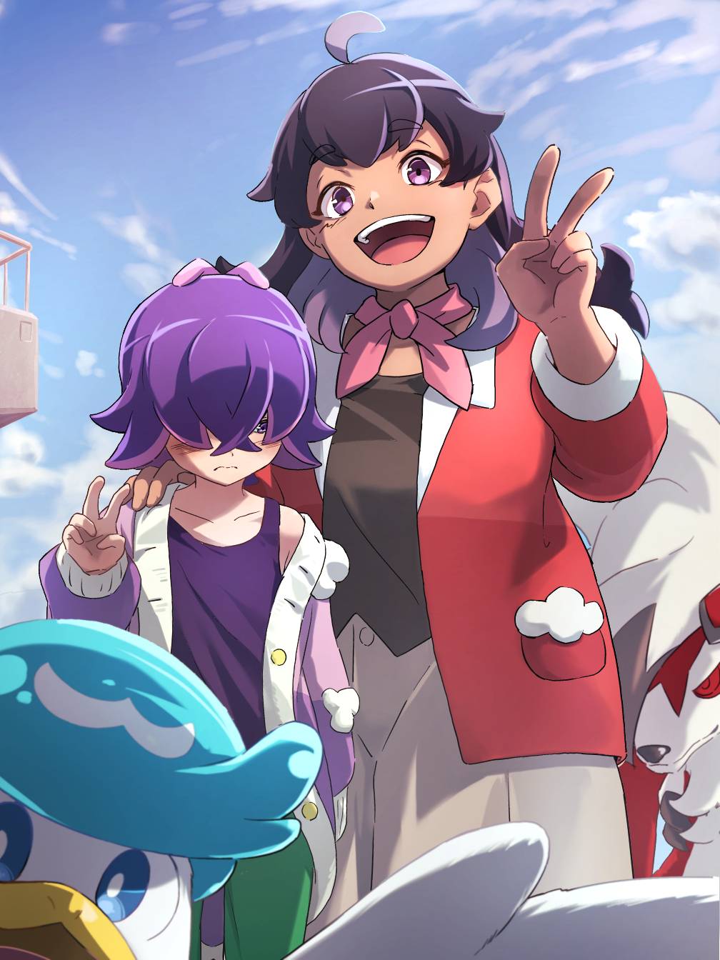 2girls :d blanca_(pokemon) blush buttons cardigan closed_mouth clouds commentary_request day dot_(pokemon) green_pants hand_up highres itsudzumi jacket long_hair lycanroc lycanroc_(midnight) mother_and_daughter multiple_girls open_mouth outdoors pants pokemon pokemon_(anime) pokemon_(creature) pokemon_horizons purple_hair quaxly red_jacket shirt sky smile tank_top teeth tongue upper_teeth_only v