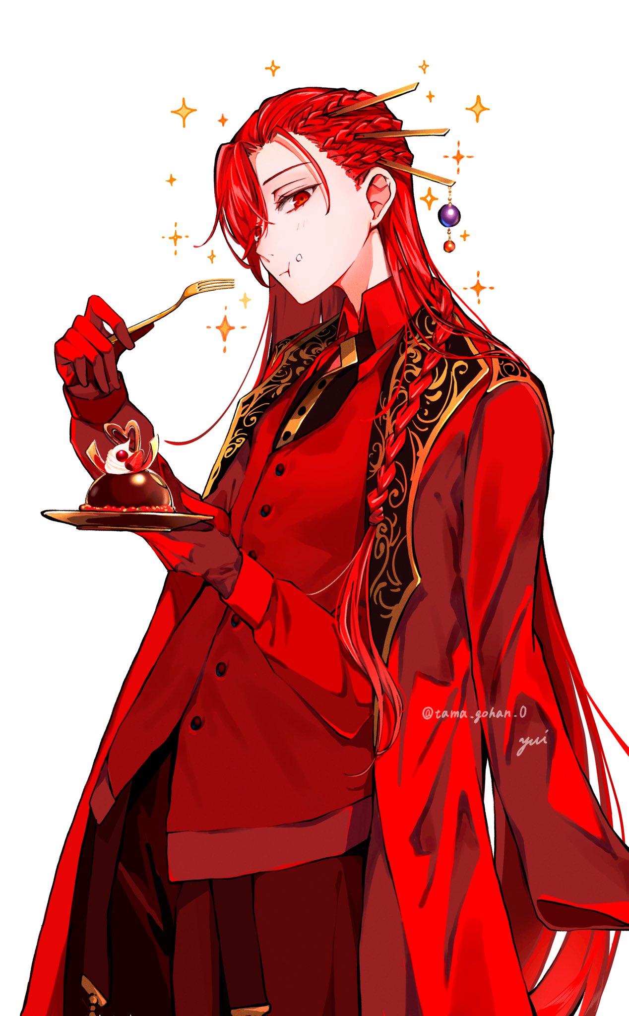 1girl androgynous artist_name braid cake collared_shirt eating fate/grand_order fate_(series) food food_on_face fork gloves hair_ornament hair_over_one_eye hair_stick highres holding holding_fork holding_plate jacket jacket_on_shoulders long_hair oda_nobunaga_(fate) oda_nobunaga_(maou_avenger)_(fate) ornate_clothes pants plate red_eyes red_gloves red_jacket red_pants red_theme red_vest redhead shirt simple_background solo sparkle twitter_username very_long_hair vest white_background yui_(tamagohan)