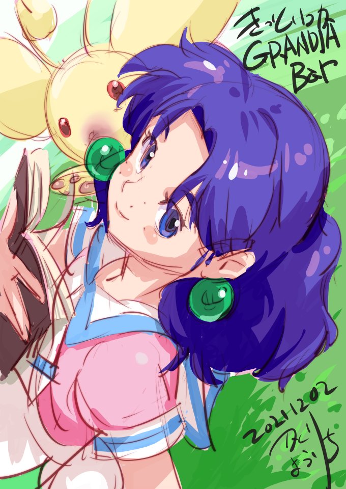 1girl blue_eyes blush_stickers book closed_mouth dated dress earrings freckles grandia grandia_i grass jewelry katori_inuyouichi long_hair looking_at_viewer nose purple_hair puui_(grandia) smile sue_(grandia)