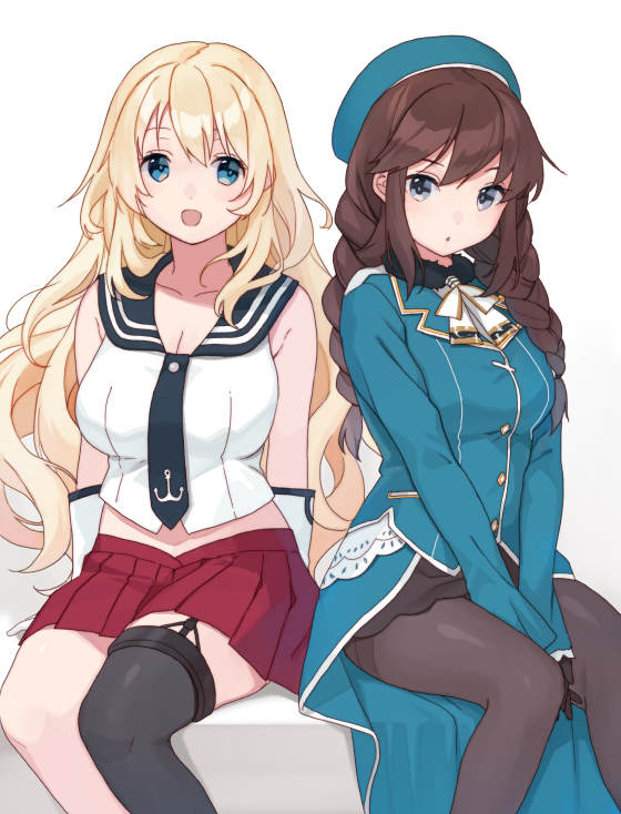1girl anchor_symbol ascot asymmetrical_legwear atago_(kancolle) atago_(kancolle)_(cosplay) beret black_gloves black_necktie black_pantyhose black_sailor_collar black_skirt blonde_hair blue_headwear blue_shirt braid breasts brown_hair commentary_request commission cosplay costume_switch feet_out_of_frame garter_straps gloves green_eyes hat kantai_collection large_breasts long_hair looking_at_viewer low_twintails military_uniform mitsuyo_(mituyo324) necktie noshiro_(kancolle) noshiro_(kancolle)_(cosplay) pantyhose pleated_skirt red_skirt sailor_collar school_uniform serafuku shirt simple_background single_thighhigh sitting skirt sleeveless sleeveless_shirt solo swept_bangs thigh-highs twin_braids twintails uneven_legwear uniform v_arms white_ascot white_background white_gloves white_shirt