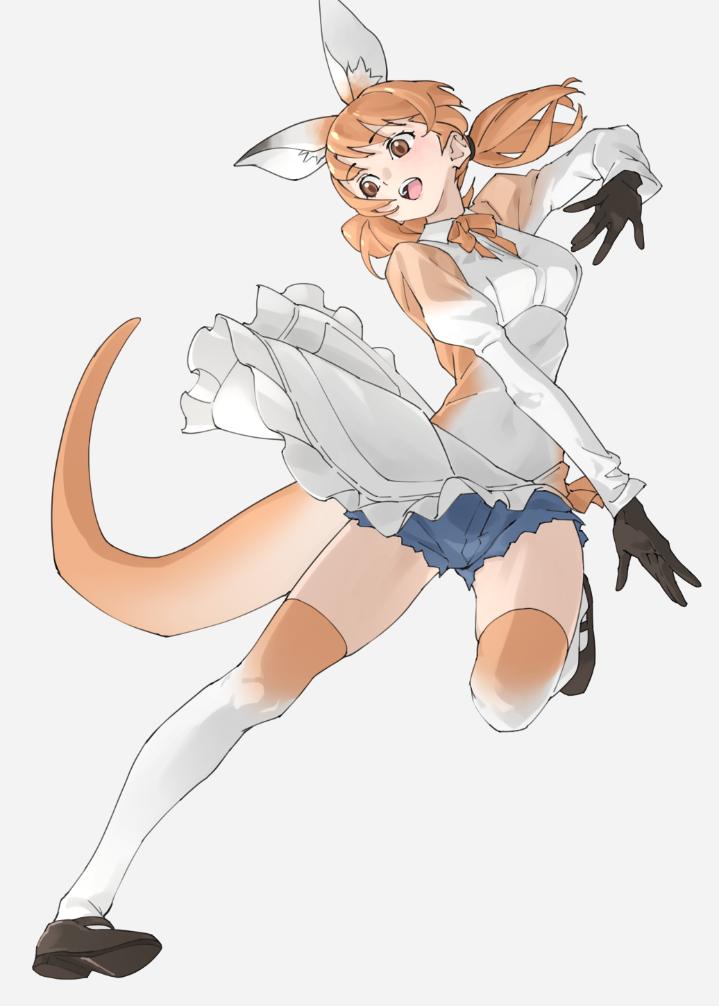 1girl :d animal_ear_fluff animal_ears apron black_gloves blue_shorts brown_eyes cutoffs extra_ears frilled_apron frills full_body gloves grey_background highres juliet_sleeves kemono_friends long_hair long_sleeves low_twintails open_mouth orange_hair puffy_sleeves red_kangaroo_(kemono_friends) short_shorts shorts simple_background smile solo tail tanabe_(fueisei) thigh-highs twintails waist_apron