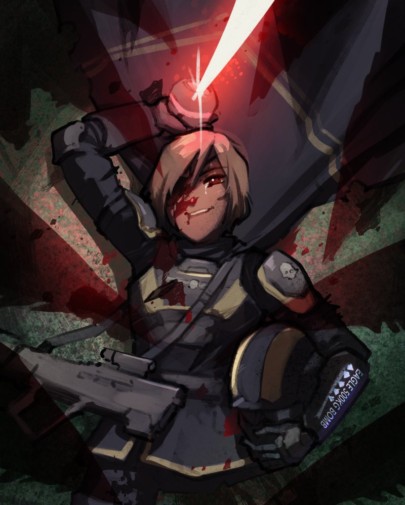 1girl armor black_armor blonde_hair blood blood_from_mouth blood_on_chest blood_on_face combat_helmet english_commentary grin gun helldiver_(helldivers) helldivers_(series) helmet holding holding_helmet looking_at_viewer psuede red_eyes scope short_hair smile tearing_up tears teeth unworn_headwear unworn_helmet weapon