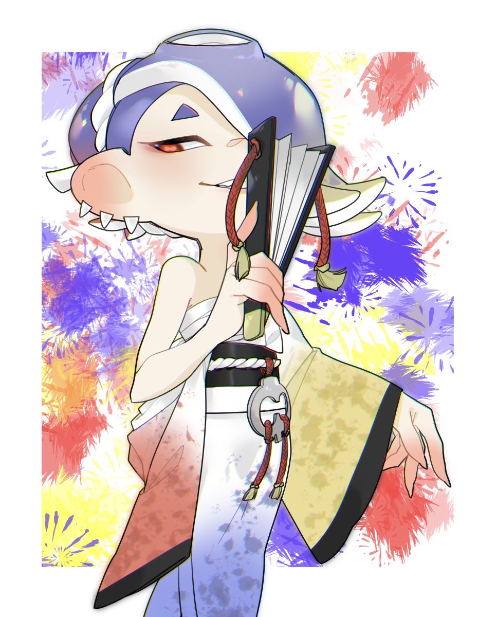 alternate_costume border cephalopod_eyes chest_sarashi commentary_request eyelashes folding_fan hachimaki hair_over_one_eye hand_fan headband highres holding holding_fan japanese_clothes kimono multicolored_background nejiri_hachimaki octoling outside_border paint_splatter pampers_sp red_pupils sarashi shiver_(splatoon) short_hair signature smile solo splatoon_(series) standing teeth tentacle_hair thick_eyebrows tooth_earrings white_border wide_sleeves