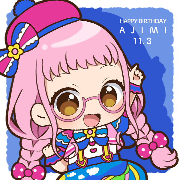1girl :d arm_up beret blue_background blue_bow blue_skirt border bow braid brown_eyes character_name chibi chii_(chi_pppuri) commentary_request drop_shadow glasses hair_bow hand_up happy_birthday hat hat_bow idol_clothes kiki_ajimi long_hair looking_at_viewer open_mouth outside_border pink-framed_eyewear pink_bow pink_hair pink_headwear pom_pom_(clothes) pretty_series pripara puffy_short_sleeves puffy_sleeves shirt short_sleeves skirt smile solo standing suspender_skirt suspenders twin_braids white_border white_shirt wrist_cuffs