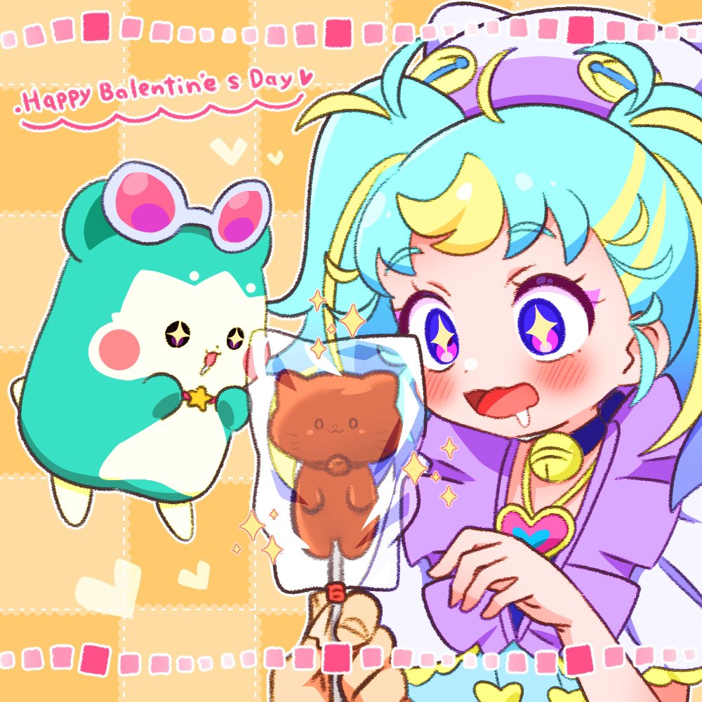 +_+ 1girl :d ahoge animal_hat blonde_hair blue_collar blue_hair blush candy cat_hat chii_(chi_pppuri) chimumu chimumu_(hamster) chocolate collar commentary drooling food hamster hands_up happy_valentine hat holding holding_candy holding_food long_hair mouth_drool multicolored_hair myamu open_mouth pink-tinted_eyewear pov pov_hands pretty_series smile sparkle streaked_hair sunglasses symbol-only_commentary tinted_eyewear twintails upper_body violet_eyes waccha_primagi! white-framed_eyewear wrapped_candy