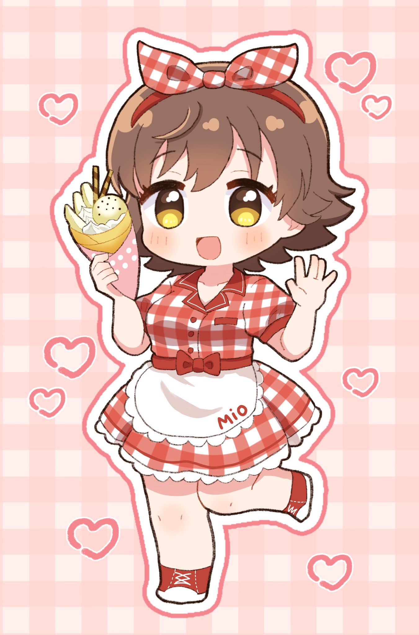 1girl apron bow bow_hairband breasts brown_eyes brown_hair character_name chibi collarbone commentary dress food frilled_apron frills hairband hands_up heart highres holding holding_food honda_mio ice_cream_crepe idolmaster idolmaster_cinderella_girls medium_breasts no_nose open_mouth pink_background plaid plaid_dress puffy_short_sleeves puffy_sleeves red_bow red_dress red_footwear red_hairband short_sleeves smile solo standing standing_on_one_leg two-tone_dress waist_apron white_apron white_bow white_dress yakitouhu3