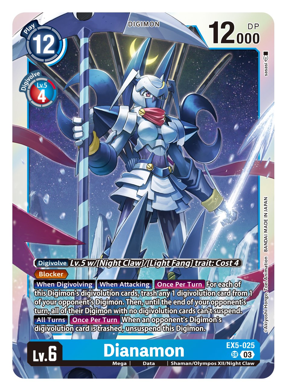 1girl armor armored_skirt arrow_(projectile) bodysuit breasts card_(medium) character_name colored_skin company_name copyright_name crescent_moon dianamon digimon digimon_(creature) digimon_card_game dual_wielding energy_arrow english_commentary english_text hair_between_eyes helmet highres holding holding_arrow holding_scythe ice mask moon mouth_mask official_art pink_scarf purple_bodysuit purple_hair scarf scythe second-party_source shoulder_armor solo standing violet_eyes white_skin