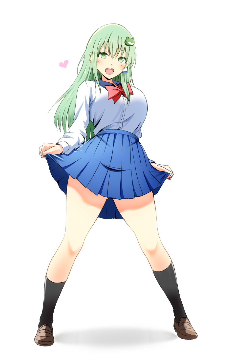 1girl alternate_costume black_socks blue_skirt blush breasts brown_footwear commentary_request frog_hair_ornament green_eyes green_hair hair_ornament hair_tubes heart highres kochiya_sanae kyanta5354 large_breasts long_hair long_sleeves looking_at_viewer neckerchief open_mouth pleated_skirt school_uniform shirt simple_background skirt smile snake_hair_ornament socks solo touhou white_background white_shirt