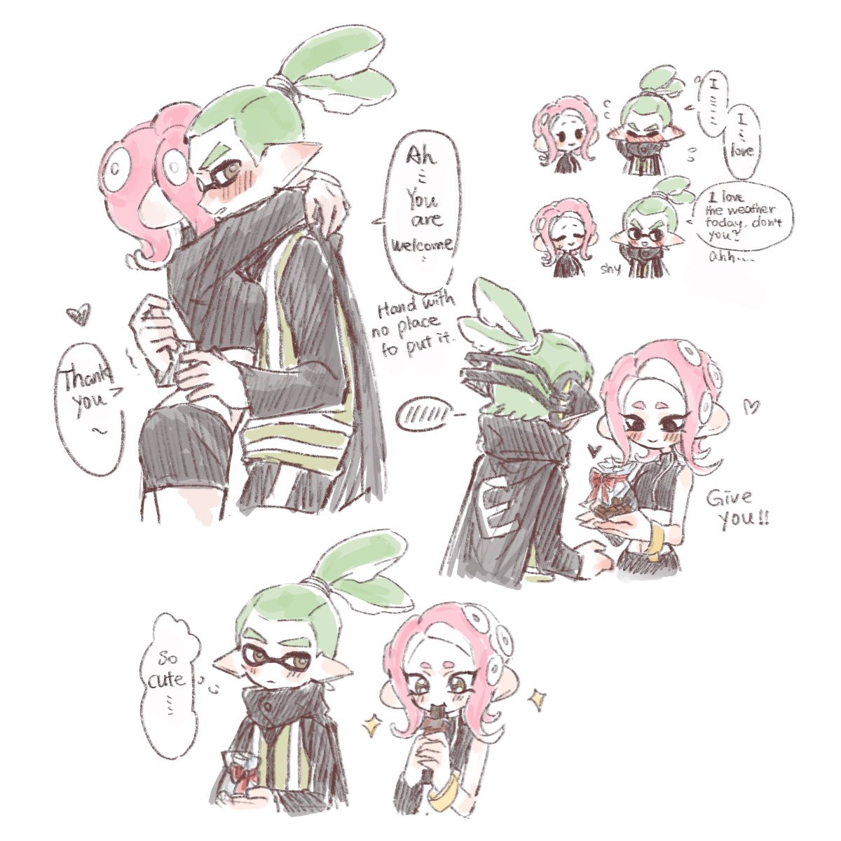 1boy 1girl agent_3_(splatoon) agent_8_(splatoon) black_cape black_skirt blush cape chocolate crop_top ear_blush english_text green_hair grey_eyes headgear hetero high-visibility_vest highres hug inkling inkling_boy inkling_player_character medium_hair miniskirt octoling octoling_girl octoling_player_character pink_hair pointy_ears ponytail short_hair simple_background skirt sparkle speech_bubble splatoon_(series) splatoon_2 splatoon_2:_octo_expansion spoken_blush suction_cups tentacle_hair thenintlichen96 thought_bubble white_background