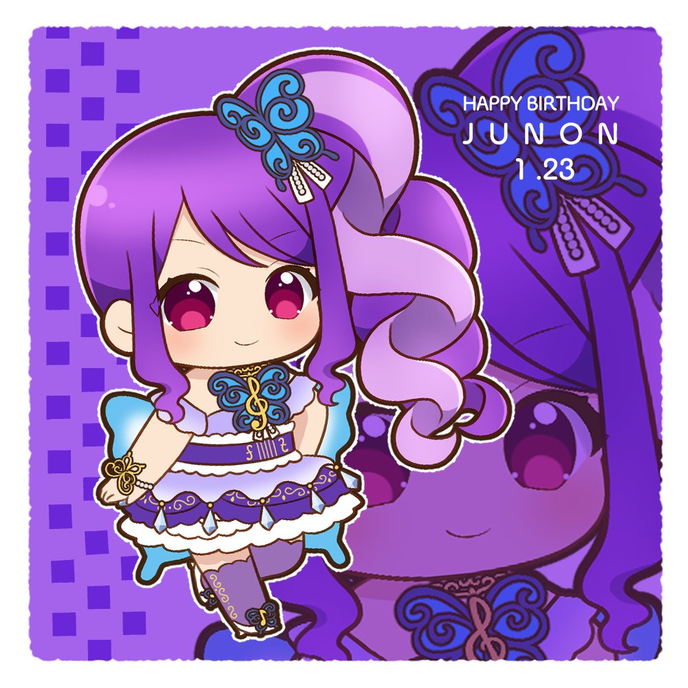 1girl bare_shoulders blue_wings border butterfly_hair_ornament butterfly_wings character_name chibi chii_(chi_pppuri) closed_mouth commentary_request dress full_body hair_ornament happy_birthday idol_clothes insect_wings junon_(pripara) long_hair looking_at_viewer outline pretty_series pripara purple_dress purple_hair purple_thighhighs red_eyes side_ponytail sidelocks smile solo standing standing_on_one_leg swept_bangs thigh-highs treble_clef white_border white_outline wings zoom_layer