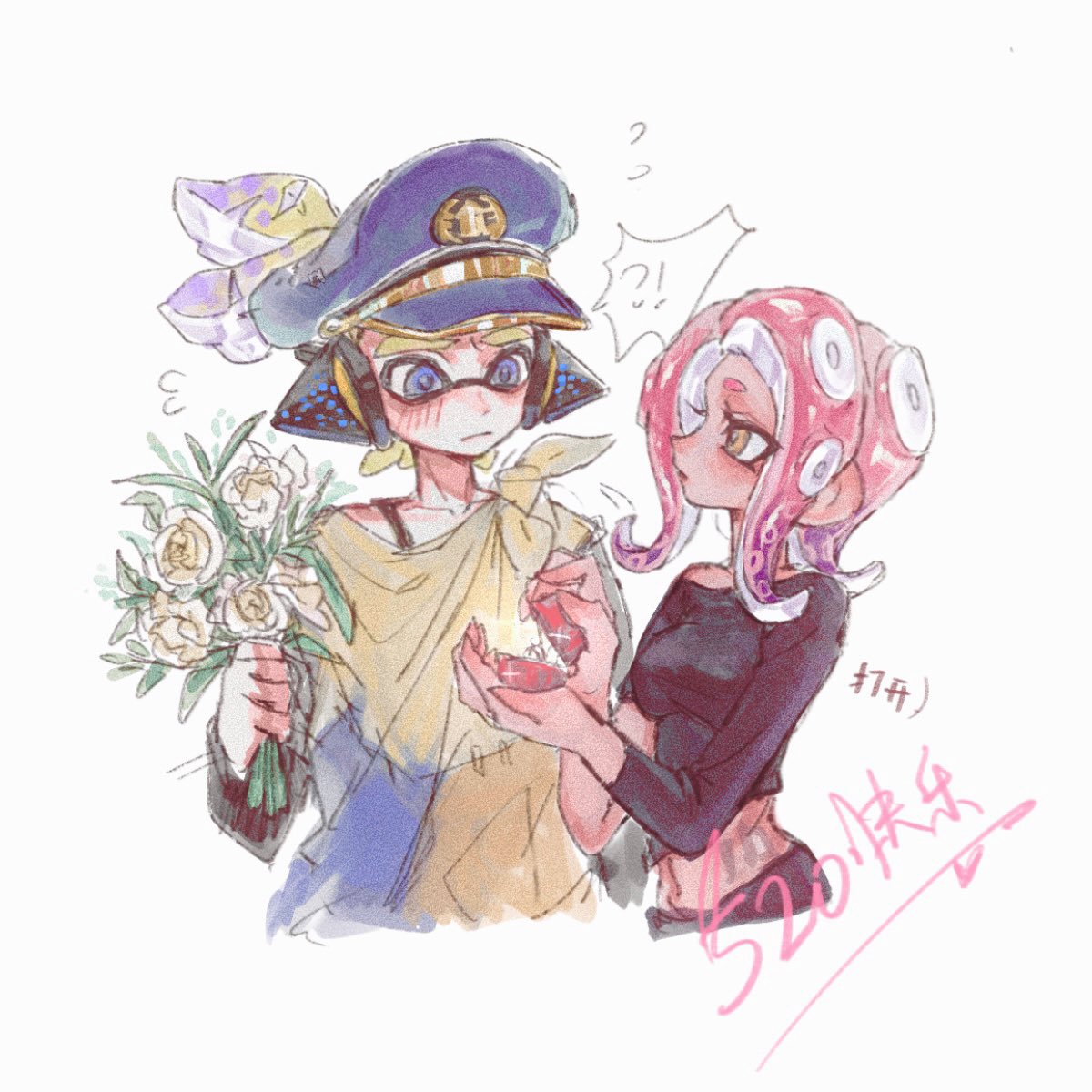 !? 1boy 1girl agent_3_(splatoon) agent_8_(splatoon) asymmetrical_sleeves black_shirt blonde_hair blue_eyes bouquet chinese_commentary closed_mouth collarbone flower flying_sweatdrops frown hat headgear highres holding holding_bouquet inkling inkling_boy inkling_player_character jewelry multicolored_hair navel octoling octoling_girl octoling_player_character orange_eyes patchwork_clothes peaked_cap ponytail purple_hair redhead ring shirt simple_background splatoon_(series) splatoon_3 suction_cups tentacle_hair thenintlichen96 two-tone_hair uneven_sleeves wedding_ring white_background white_flower